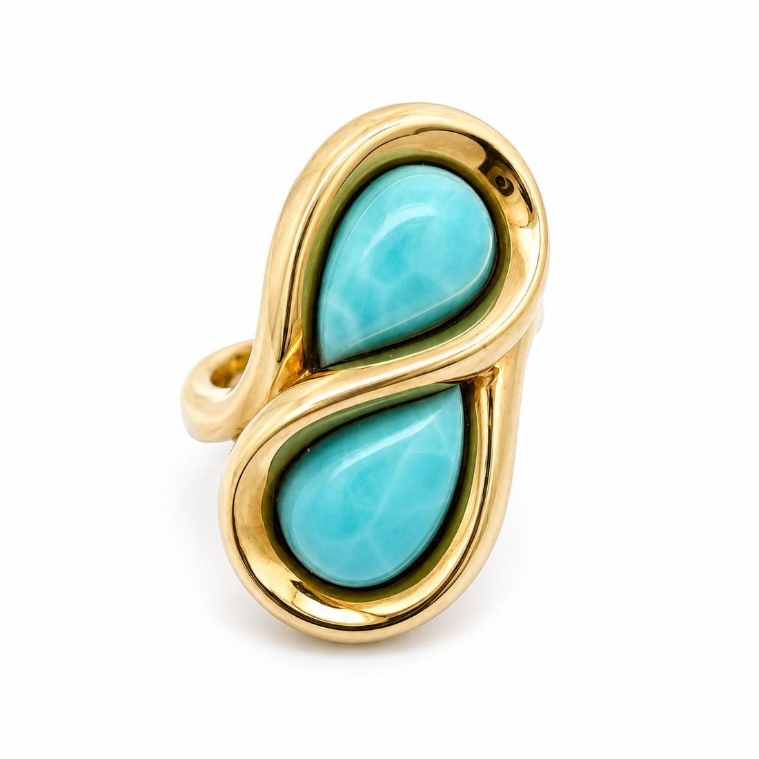 14k Yellow Gold Larimar Moi Et Toi Bypass Ring Size 5.5: 14k Yellow Gold Larimar Moi Et Toi Bypass Ring Size 5.5 Pre-owned bypass Moi et Toi ring crafted in solid 14k yellow gold and set with two natural genuine larimar stones in pear cabochon cuts. The sof