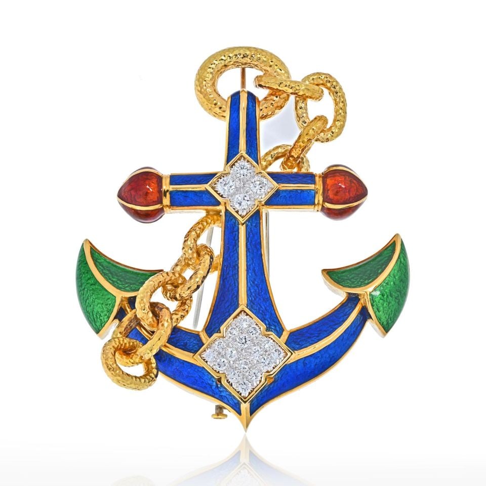 Anchor Pendant Brooch by David Webb in Platinum 18K Gold Enamel Diamonds: Anchor Pendant Brooch by David Webb in Platinum 18K Gold Enamel Diamonds David Webb anchor pendant brooch crafted in platinum and 18K yellow gold, accented with blue, green, and red enamel and round b