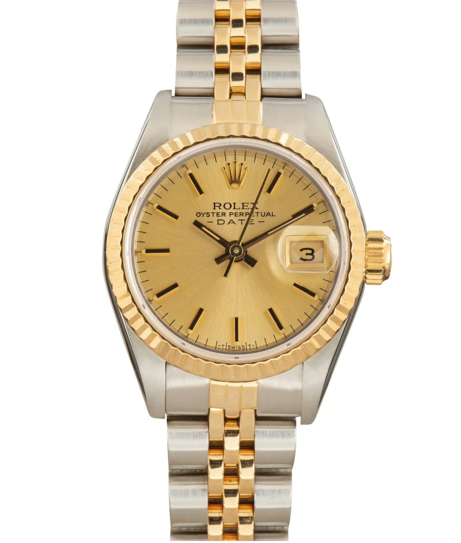 Rolex 69173 Datejust Lady Watch Champagne Dial Jubilee Bracelet Papers: Rolex 69173 Datejust Lady Watch Champagne Dial Jubilee Bracelet Papers Rolex Datejust Lady wristwatch featuring a champagne stick dial, fluted bezel, and Jubilee bracelet. This ladies model is referen