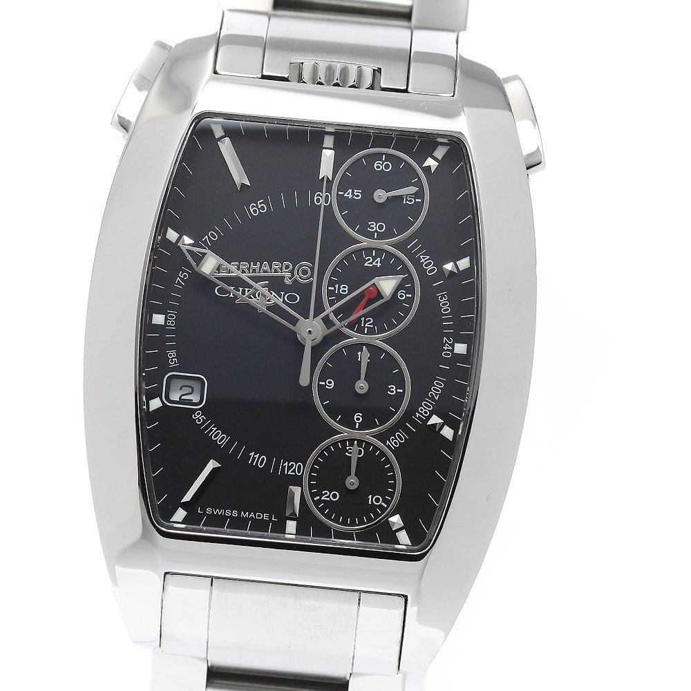 Eberhard Chrono 4 Automatic Mens Wristwatch Ref 31047 Date: Eberhard Chrono 4 Automatic Mens Wristwatch Ref 31047 Date EBERHARD Chrono 4 automatic men's wristwatch with a black dial, stainless steel case, and stainless steel bracelet. This reference 31047 feat