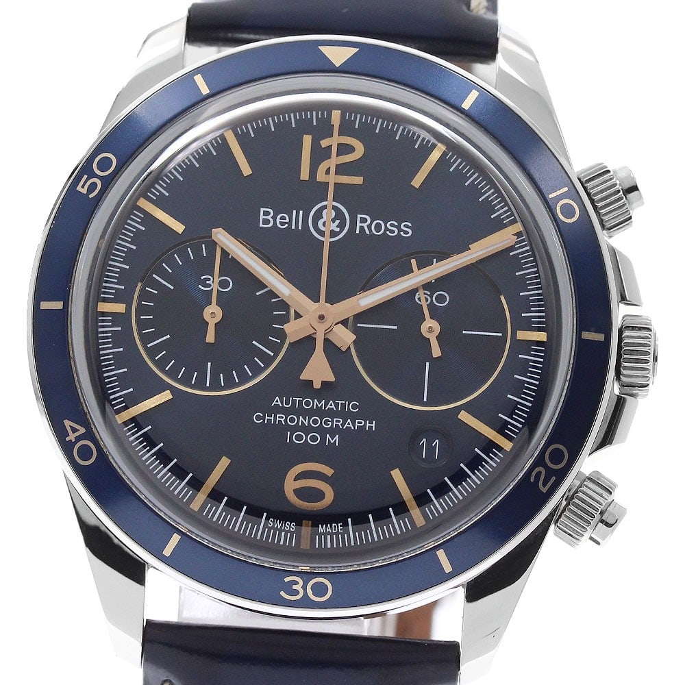 Bell&Ross BRV2-94 Vintage mens automatic chronograph wristwatch: Bell&Ross BRV2-94 Vintage mens automatic chronograph wristwatch Bell & Ross BRV2-94 Vintage chronograph wristwatch for men with an automatic movement and navy dial. This Swiss-made watch features date