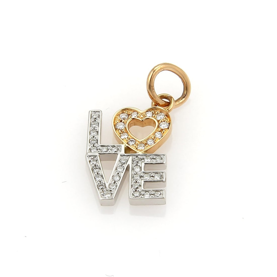 Tiffany & Co. LOVE Diamond Pendant Charm in 18k White and Rose Gold: Tiffany & Co. LOVE Diamond Pendant Charm in 18k White and Rose Gold Authentic Tiffany & Co. LOVE charm pendant crafted in 18k white and rose gold, featuring a two-tone LOVE motif accented with round d