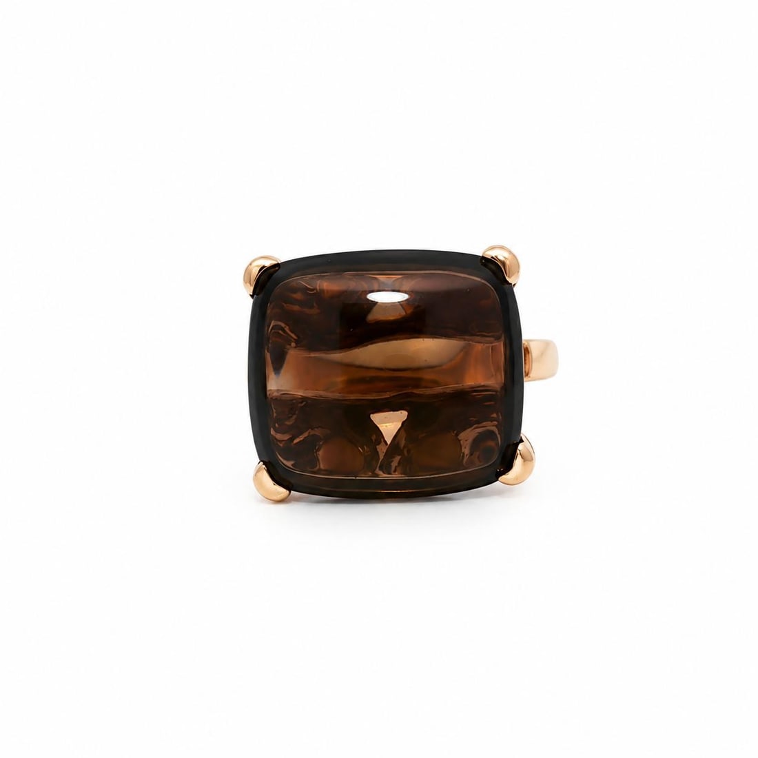 14k Rose Gold Cocktail Ring Smoky Quartz Cushion Diamond Accents: 14k Rose Gold Cocktail Ring Smoky Quartz Cushion Diamond Accents Pre-owned women's cocktail ring crafted in solid 14k rose gold, featuring a large natural genuine smoky quartz in a cushion buff top cu