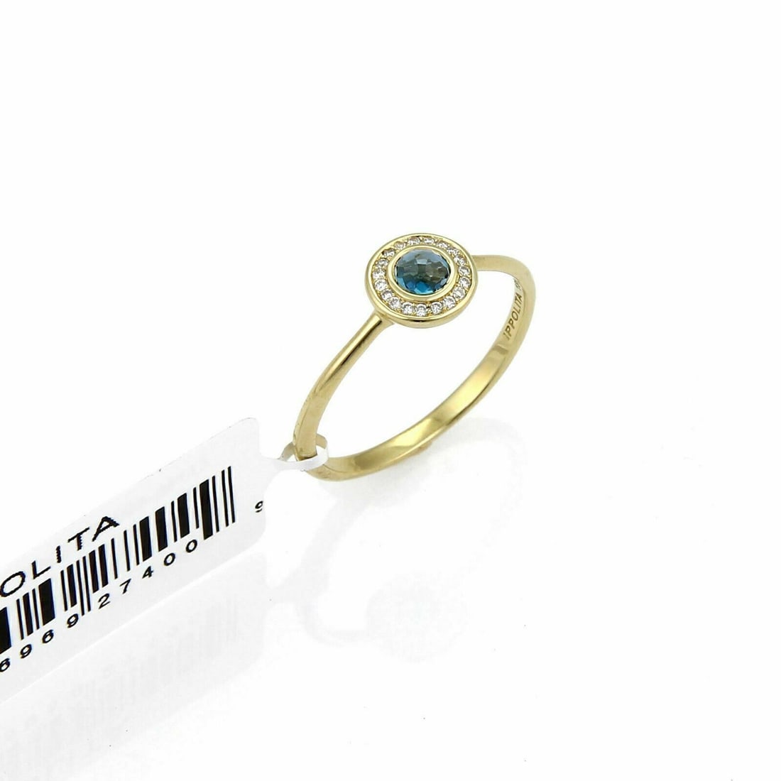 Ippolita Lollipop Mini Ring 18k Yellow Gold Blue Topaz Diamond Size 7: Ippolita Lollipop Mini Ring 18k Yellow Gold Blue Topaz Diamond Size 7 Pre-owned Ippolita Lollipop Mini Ring crafted in solid 18k yellow gold, featuring a round natural London blue topaz accented with 