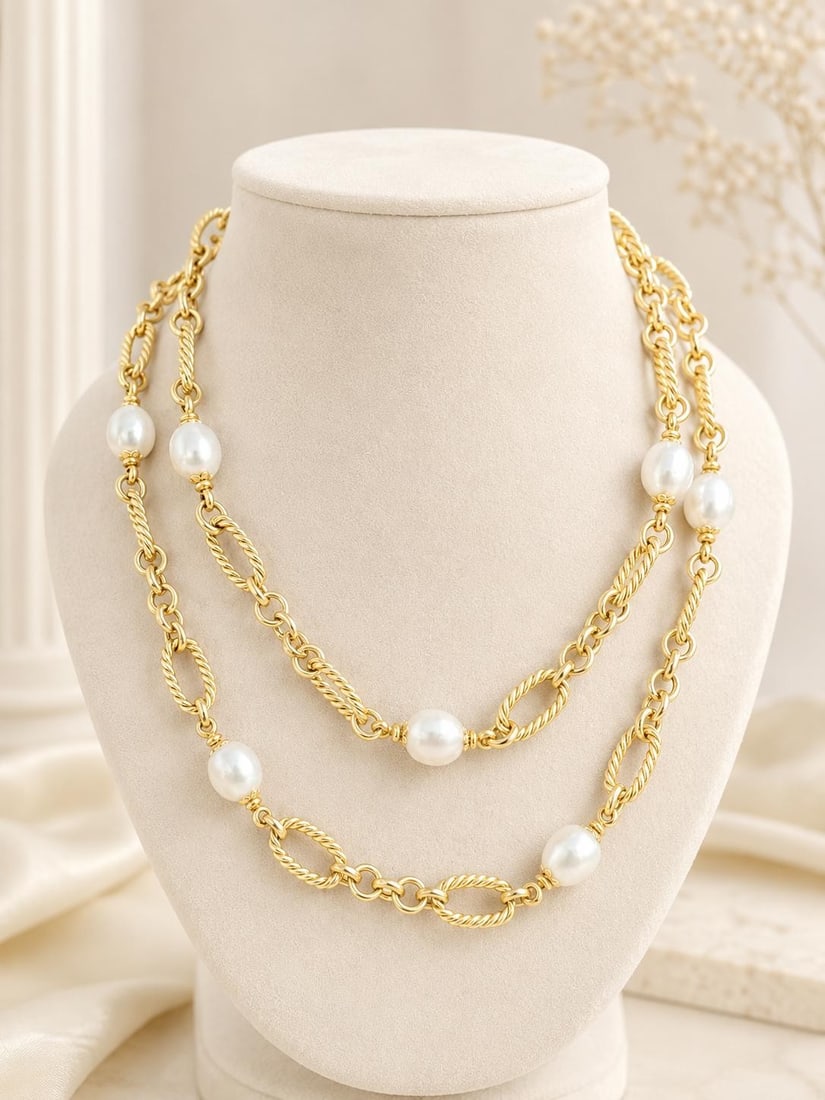 18k Yellow Gold Pearl Station Necklace 32in Italy: 18k Yellow Gold Pearl Station Necklace 32in Italy Pre-owned women's necklace in solid 18k yellow gold featuring an open twisted cable and round link design with 11 cultured pearl stations. This Italia