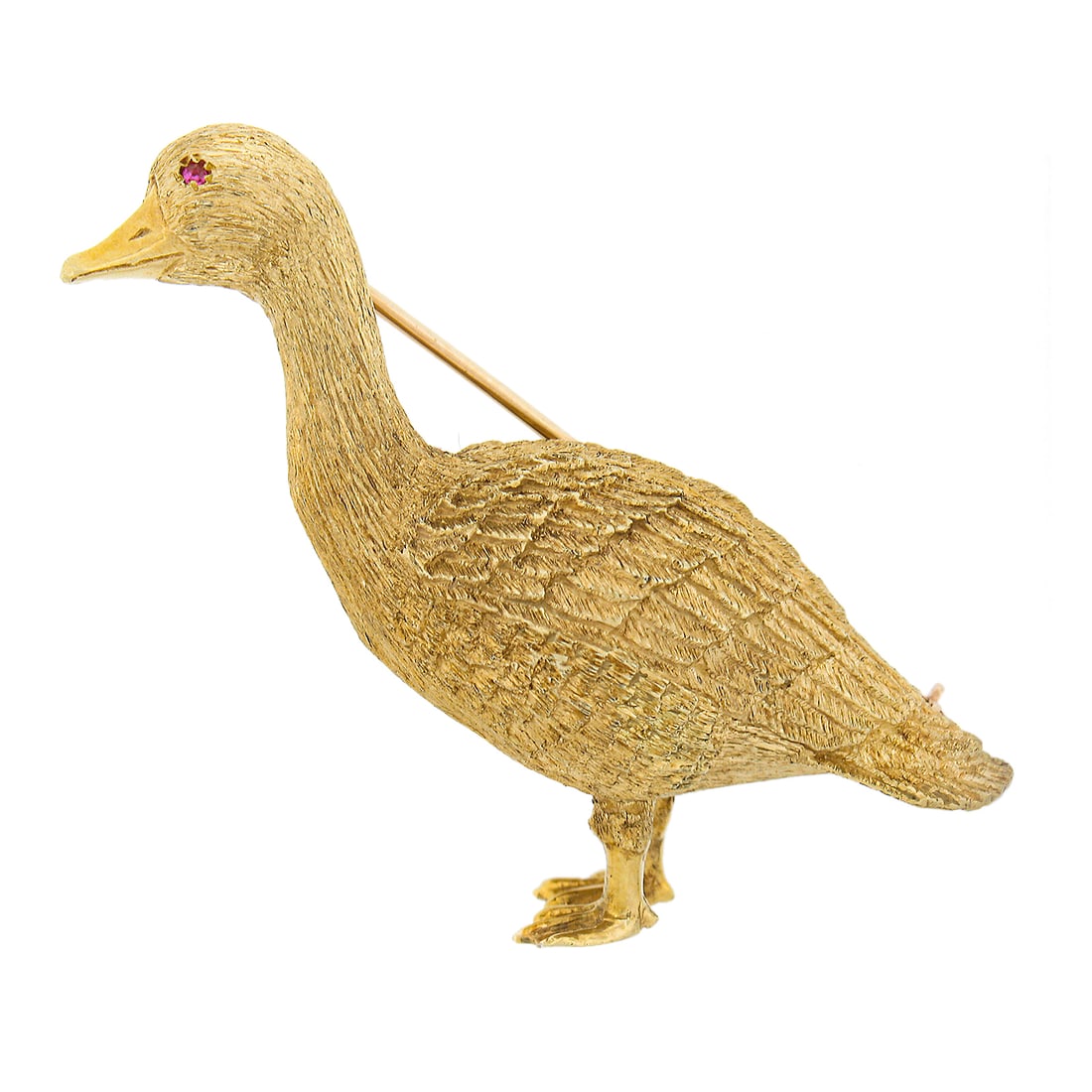 Vintage Goose Brooch 18K Yellow Gold Ruby Eye Handmade (1 of 6)