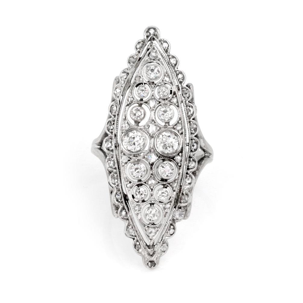 Art Deco Marquise Diamond Ring Platinum 14k White Gold 1.50ct Size 6.5: Art Deco Marquise Diamond Ring Platinum 14k White Gold 1.50ct Size 6.5 This exquisite Art Deco ring is a true statement piece, elegantly crafted from 14k white gold and platinum. The ring showcases a 