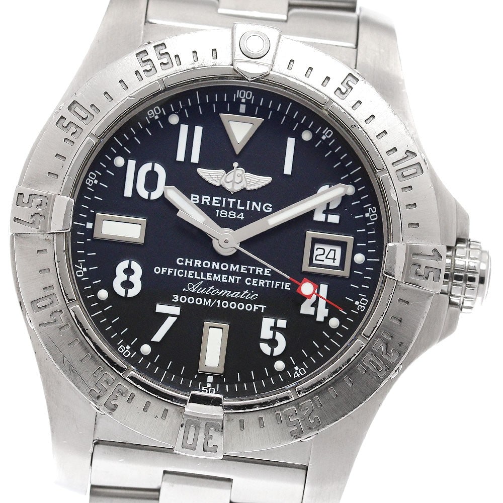 Breitling Avenger Seawolf A17330 mens automatic date watch: Breitling Avenger Seawolf A17330 mens automatic date watch Breitling Avenger Seawolf wristwatch with automatic movement and date display. This men's watch features a black dial with a stainless steel 