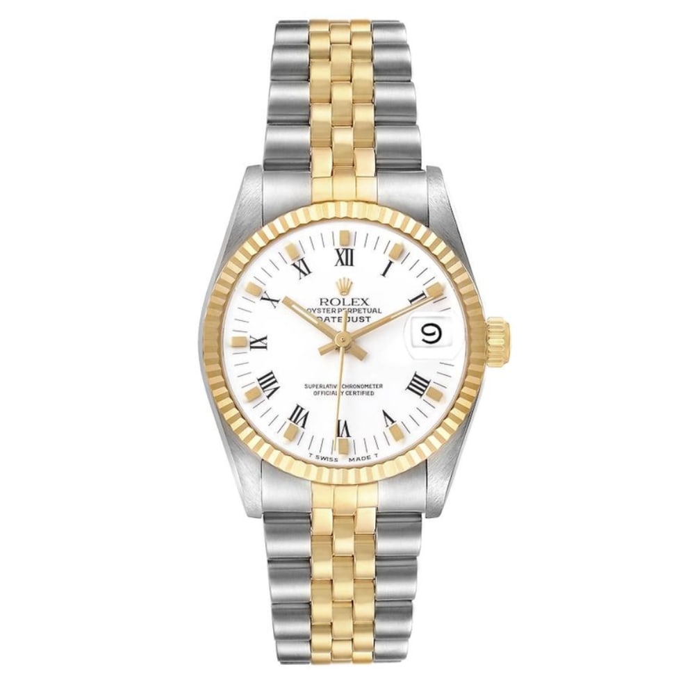 Rolex Datejust 68273 ladies watch white Roman dial papers Jubilee bracelet: Rolex Datejust 68273 ladies watch white Roman dial papers Jubilee bracelet Rolex Datejust ladies wristwatch featuring a white Roman dial, fluted bezel, and D-Link Jubilee bracelet. This Ref. 68273 exa