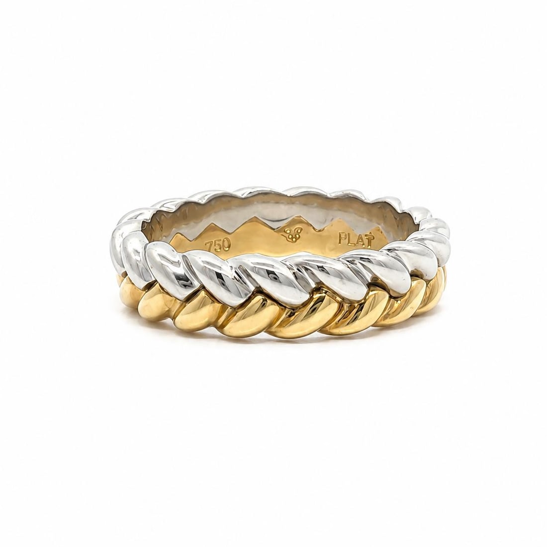 Platinum 18k Yellow Gold Braided Band Ring Size 10: Platinum 18k Yellow Gold Braided Band Ring Size 10 Solid braided interlocked-look band ring crafted in .950 platinum with 18k yellow gold accents. This unisex ring has no main stone and retains its or