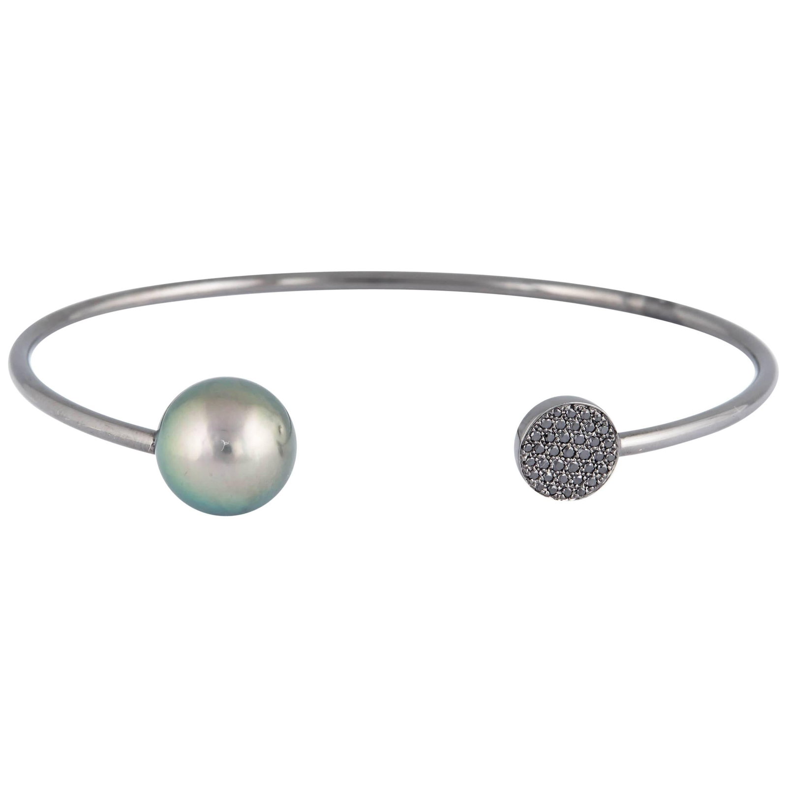 18K White Gold Tahitian Pearl Bangle with 0.14 Carat Black Diamonds: 18K White Gold Tahitian Pearl Bangle with 0.14 Carat Black Diamonds Contemporary open cuff bangle bracelet crafted in 18k white gold with black rhodium accents. It features 37 black diamonds totaling 