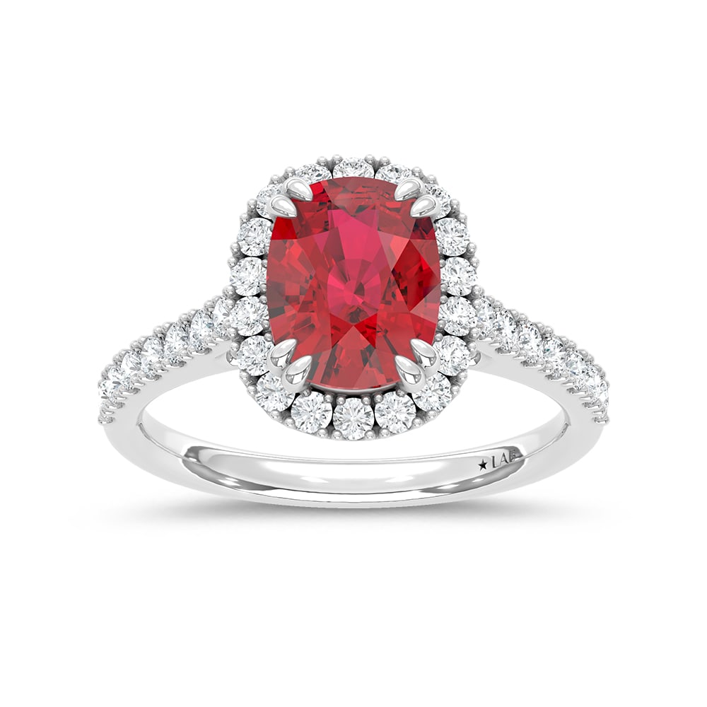 14K White Gold Lab Grown Diamond 3 5/8 Ct.Tw. Cushion Shape Recrystalized Ruby Engagement Ring: 14K White Gold Lab Grown Diamond 3 5/8 Ct.Tw. Cushion Shape Recrystalized Ruby Engagement Ring (Center 3 ct) Radiate elegance with this 14K white gold engagement ring. Its centerpiece is a stunning 3 