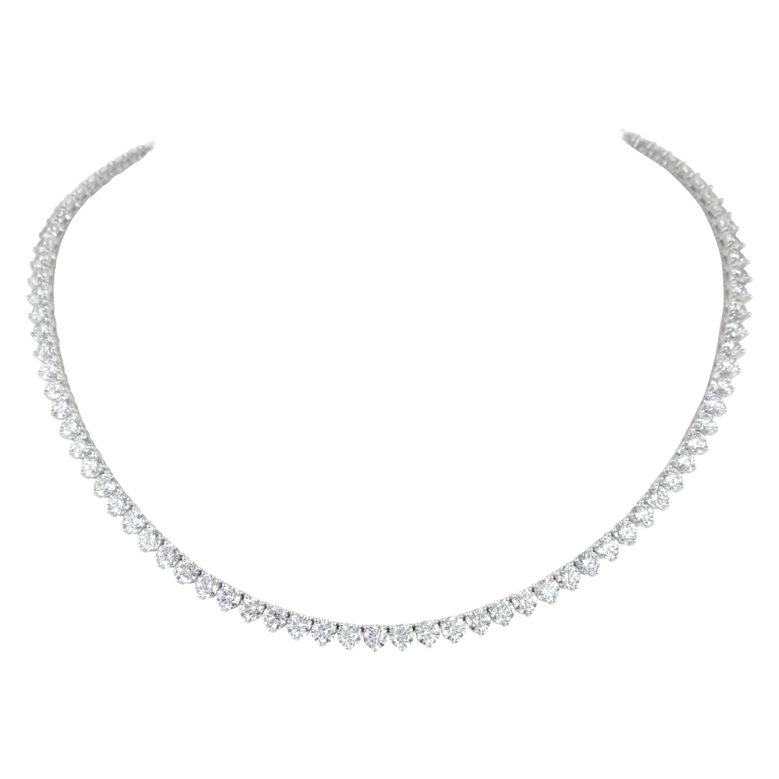 18k White Gold Diamond Tennis Necklace 23.31ct: 18k White Gold Diamond Tennis Necklace 23.31ct Contemporary diamond three-prong tennis necklace set with 96 round brilliant diamonds totaling 23.31 ct. Crafted in 18k white gold, this necklace feature