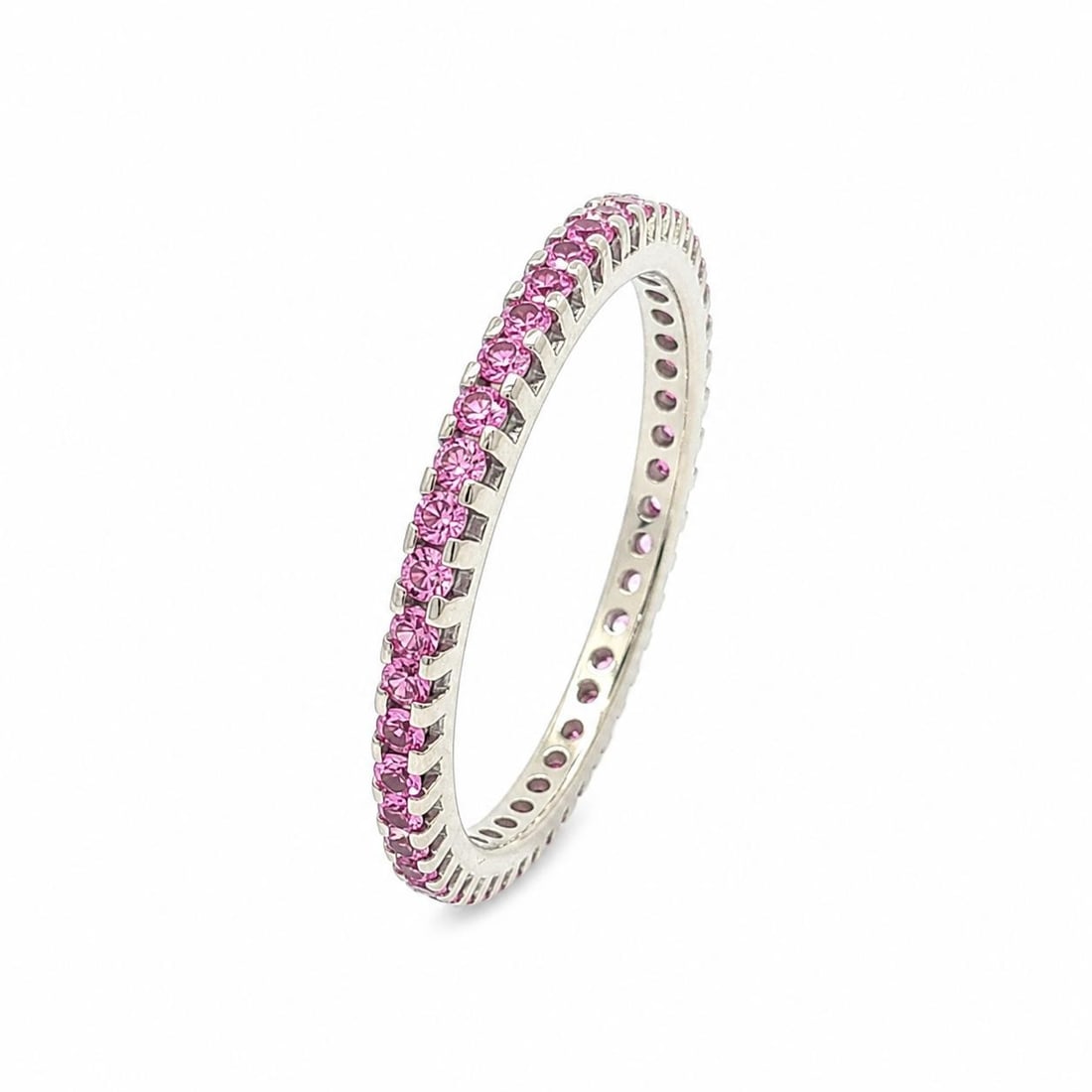 18k White Gold Eternity Band Ring with Pink Sapphire 1.8mm Size 7: 18k White Gold Eternity Band Ring with Pink Sapphire 1.8mm Size 7 Pre-owned women's eternity band ring crafted in solid 18k white gold and set with numerous natural genuine pink sapphires in a round b