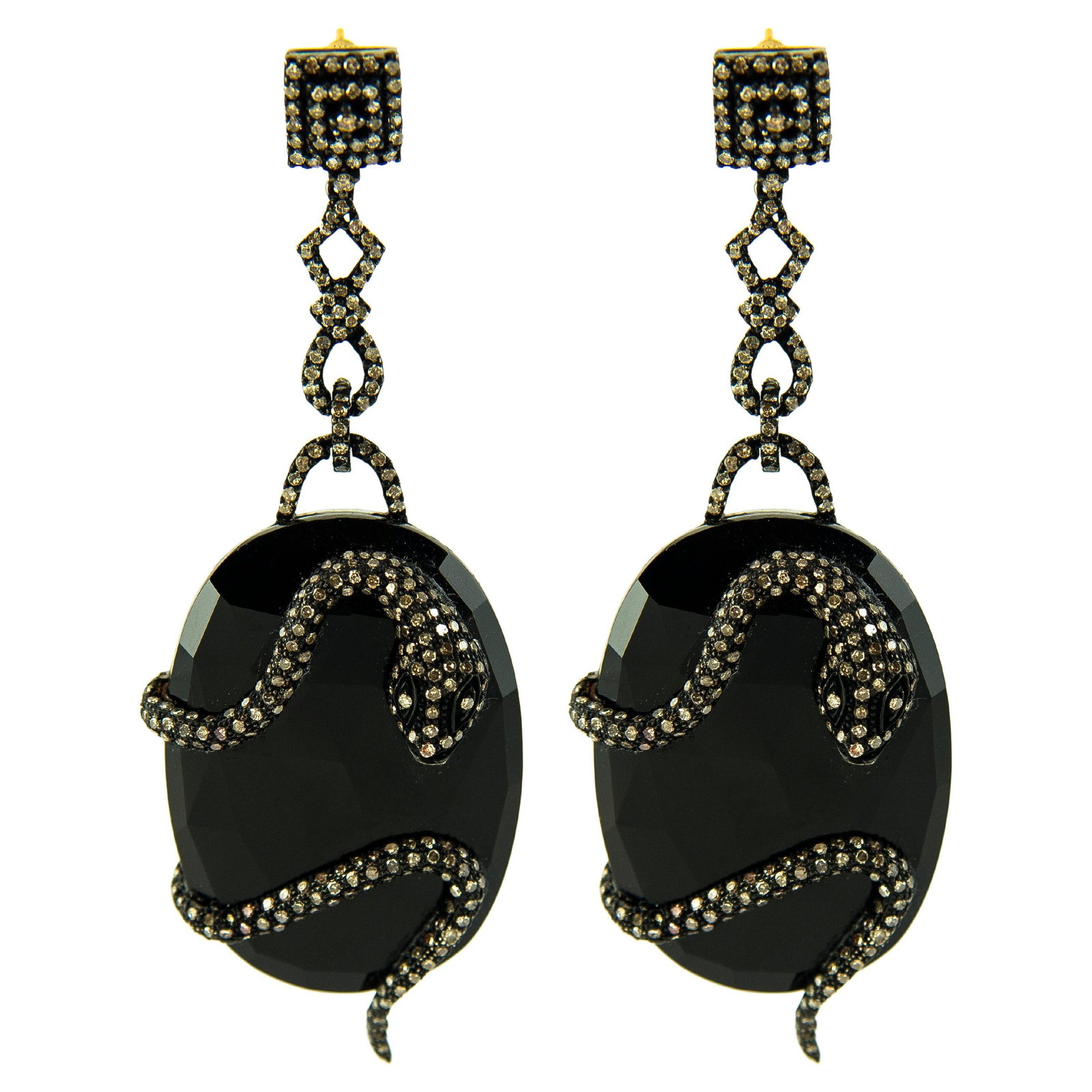 Victorian Style Onyx Diamond Snake Dangle Earrings 2.40ct: Victorian Style Onyx Diamond Snake Dangle Earrings 2.40ct Embrace the elegance of the Victorian era with these stunning snake dangle earrings, meticulously crafted from gold and silver. Adorned with a
