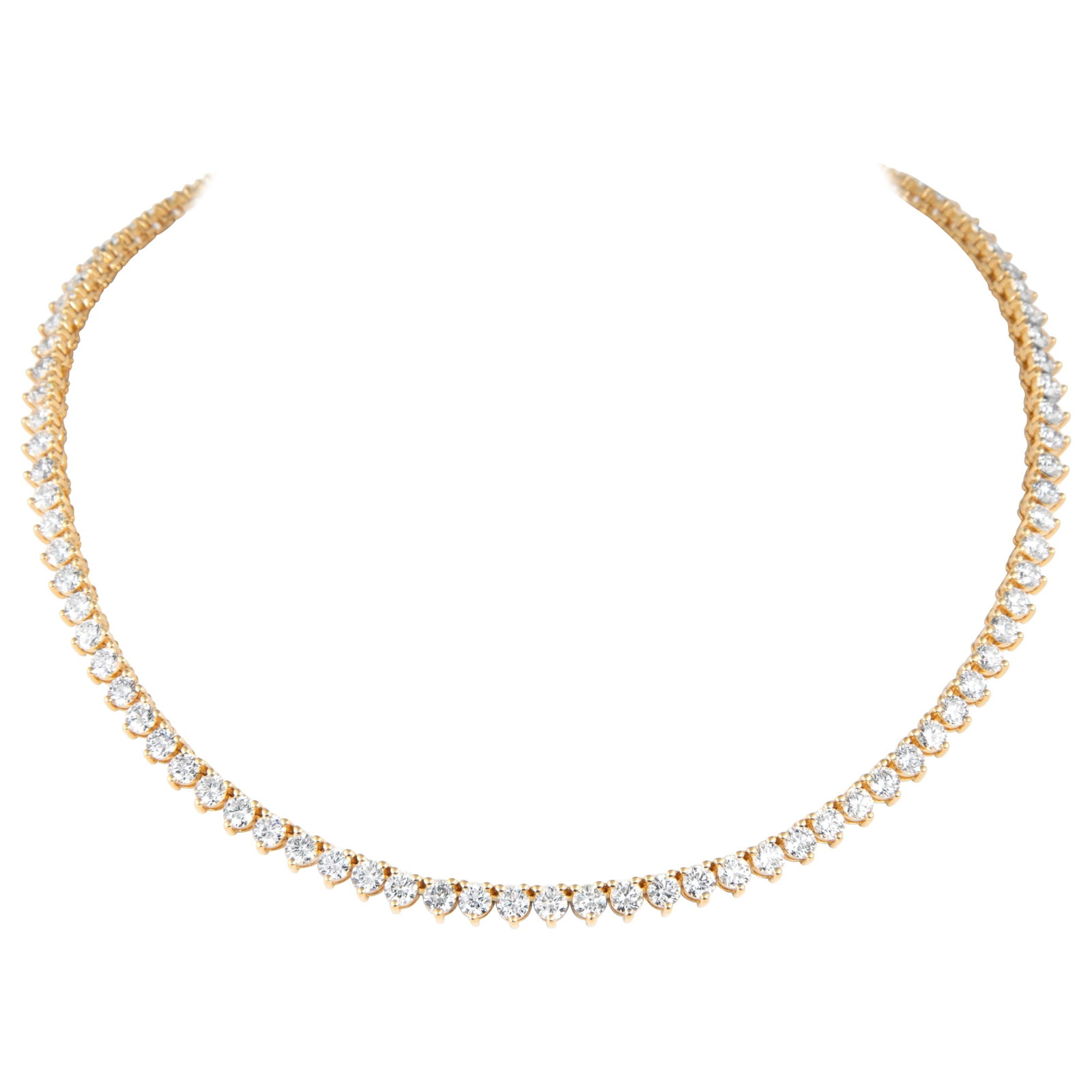 18k Yellow Gold Diamond Tennis Necklace 19.42ct 16in: 18k Yellow Gold Diamond Tennis Necklace 19.42ct 16in Contemporary 18k yellow gold diamond tennis necklace in a classic 3-prong setting. It features 98 round brilliant white diamonds totaling 19.42 ct,