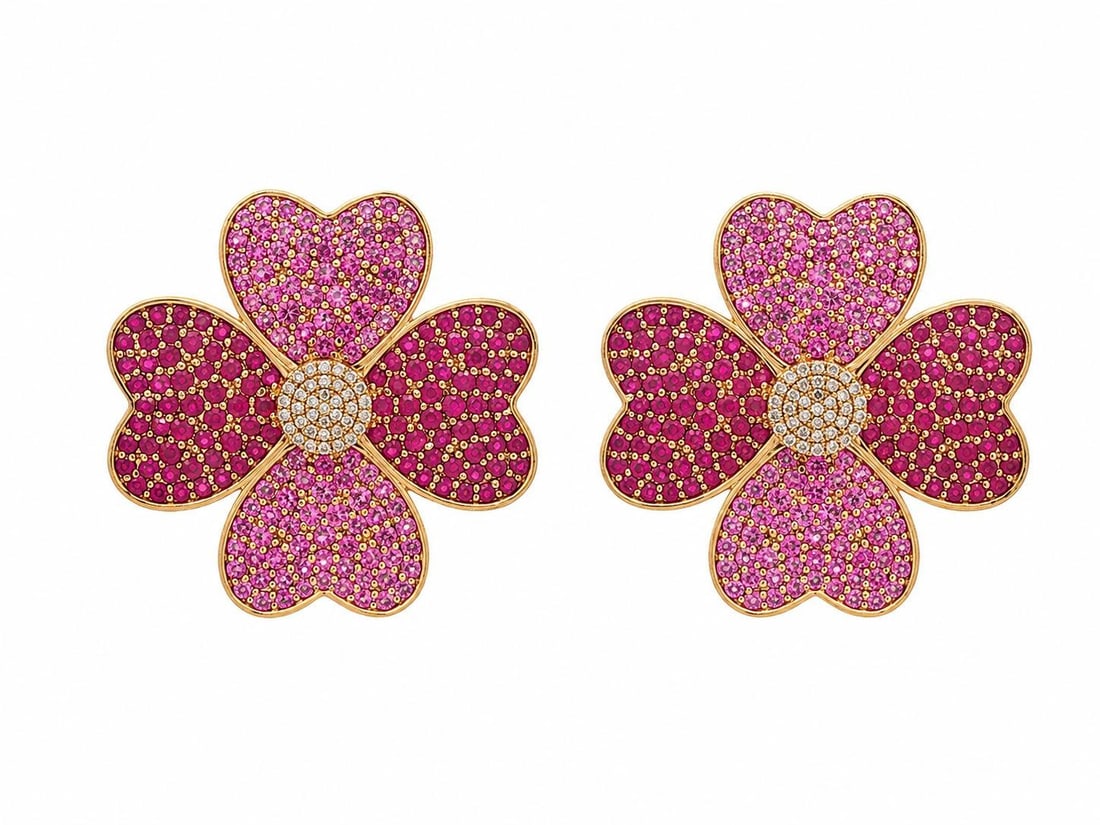 Omega Quatrefoil 4 Heart Earrings 18k Gold Ruby Sapphire Diamond: Omega Quatrefoil 4 Heart Earrings 18k Gold Ruby Sapphire Diamond Pre-owned quatrefoil 4-heart earrings crafted in solid 18k yellow gold and set with numerous natural rubies, pink sapphires, and diamon