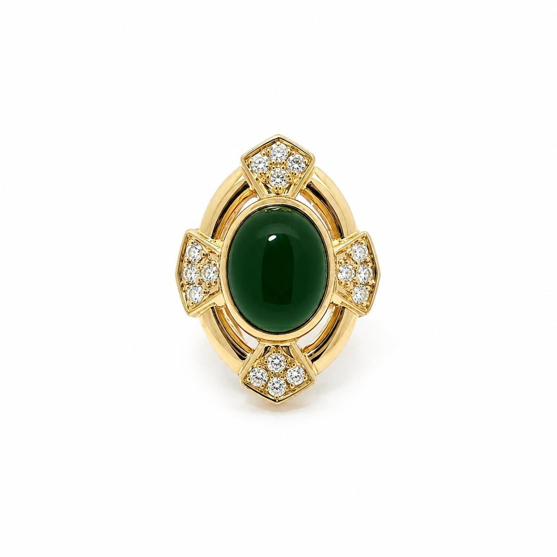 18k Yellow Gold Cocktail Ring Green Onyx Cabochon and Diamonds: 18k Yellow Gold Cocktail Ring Green Onyx Cabochon and Diamonds Vintage cocktail ring featuring a deep green natural onyx cabochon accented by natural diamonds in a platter-style design. Crafted in 18k