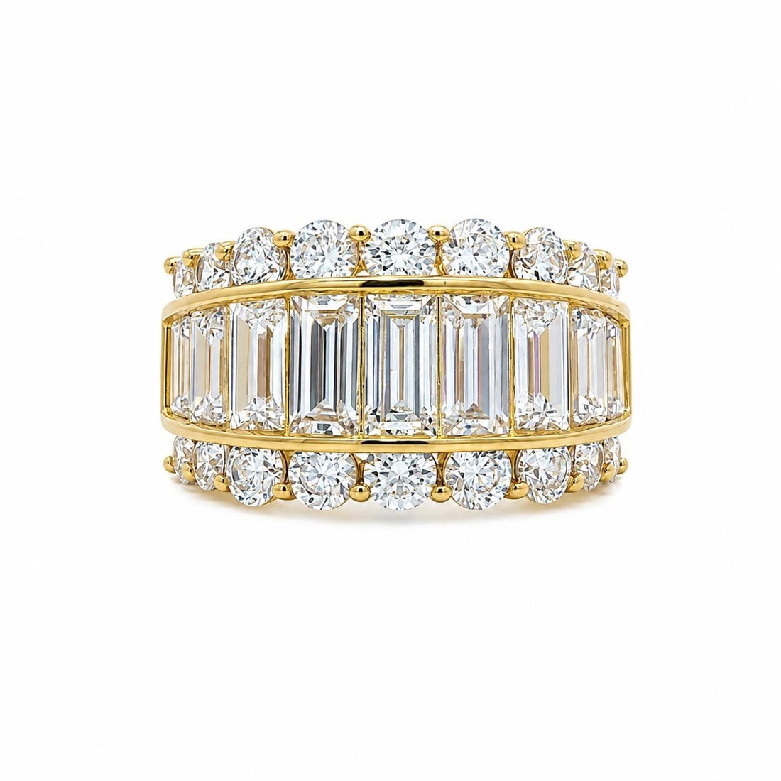 14k Yellow Gold 3 Row Band Ring with Round and Baguette CZ Size 5: 14k Yellow Gold 3 Row Band Ring with Round and Baguette CZ Size 5 Wide 3-row band ring crafted in solid 14k yellow gold and set with lab-created white cubic zirconia in round brilliant and baguette cu