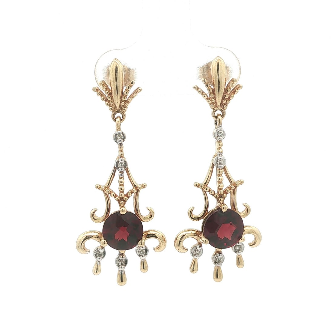 Ornate Garnet and Diamond Dangle Earrings in 14k Yellow Gold: Ornate Garnet and Diamond Dangle Earrings in 14k Yellow Gold Vintage ornate openwork dangle earrings crafted in solid 14k yellow gold and set with natural garnet and diamond accents. These women's ear
