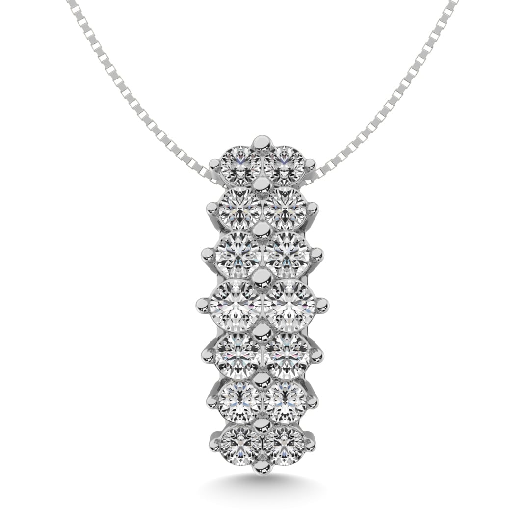Diamond 1 1/2 Ct.tw Round Cut Pyramid Pendant in 14K White Gold: Diamond 1 1/2 Ct.tw Round Cut Pyramid Pendant in 14K White Gold 14k White Gold Stone Color: G-h Stone Clarity: Si2 Unless otherwise specified, pendants that include a chain are paired with our standar