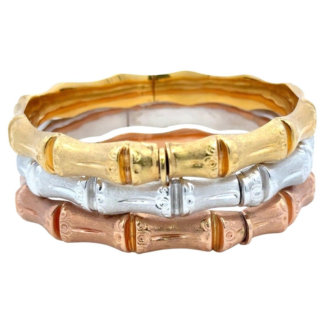Harbor Diamonds 14k Gold Bamboo Bangle Bracelets Set 36.82g: Harbor Diamonds 14k Gold Bamboo Bangle Bracelets Set 36.82g This stunning collection of bangle bracelets showcases a contemporary design crafted from 14 karat gold in yellow, white, and rose tones. Th