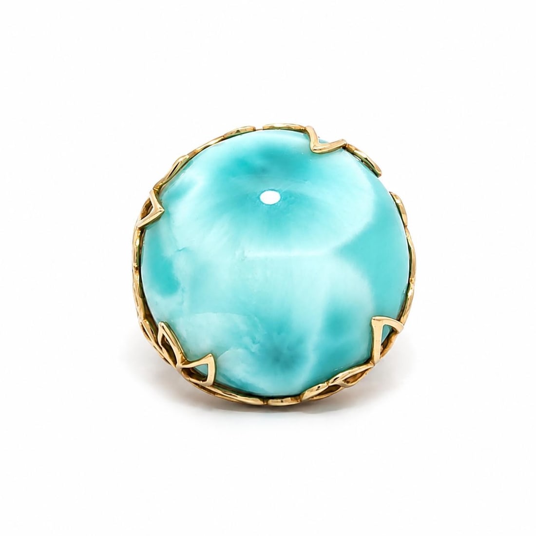14k Yellow Gold Larimar Cocktail Ring Open Leaf Size 5.5: 14k Yellow Gold Larimar Cocktail Ring Open Leaf Size 5.5 Pre-owned women's cocktail ring featuring a natural larimar cabochon in a solitaire setting with an open leaf design. Crafted in solid 14k yell