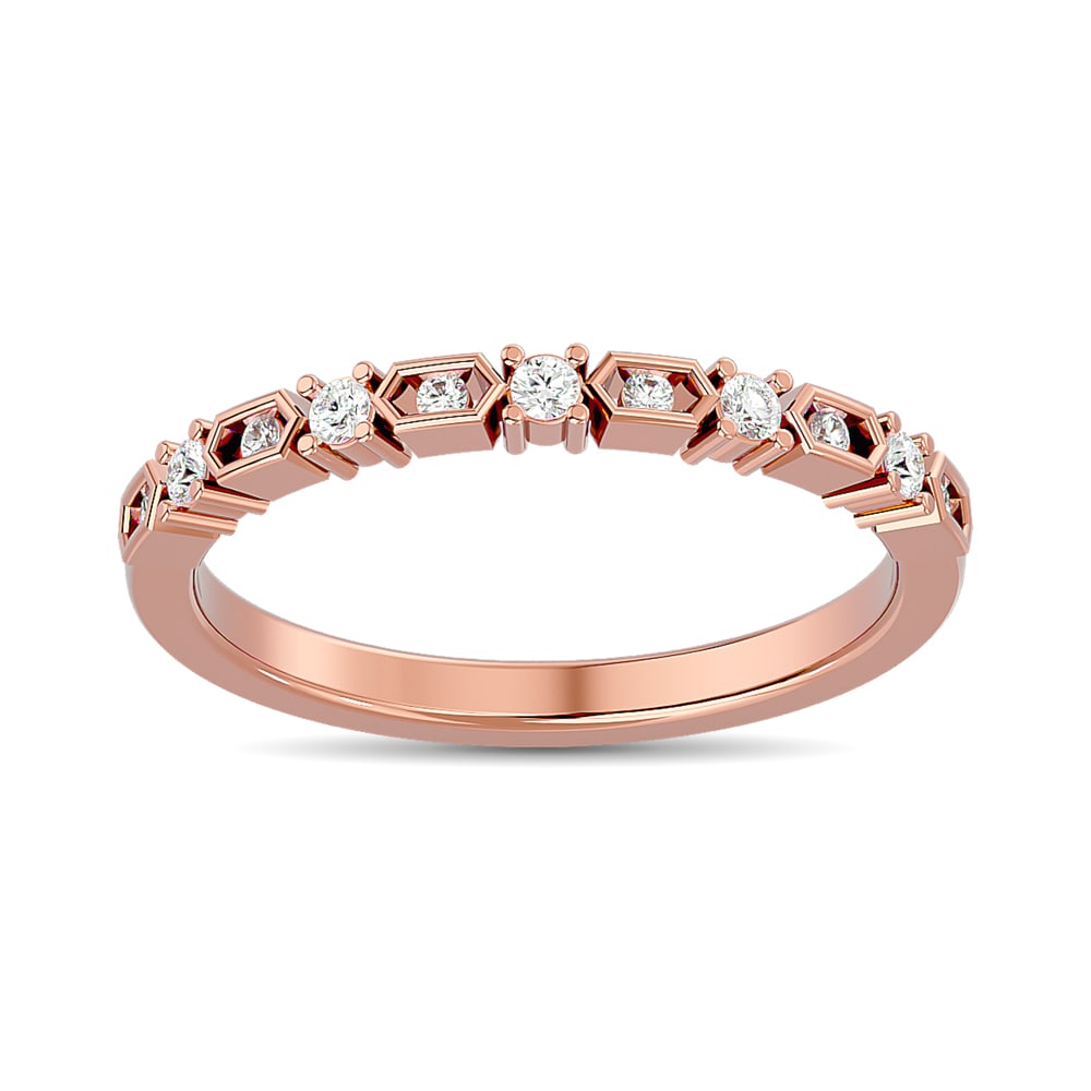 Diamond Stackable Band 1/6 Ct.tw in 10K Rose Gold: Diamond Stackable Band 1/6 Ct.tw in 10K Rose Gold 10k Rose Gold Stone Color: Gh Stone Clarity: Si2 Each ring is presented in standard size 6.5. Complimentary resizing is available between sizes 510 (i