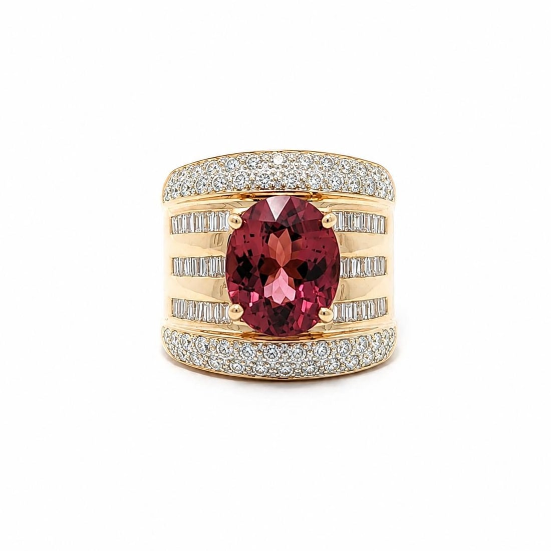 14k Yellow Gold Wide Band Ring GIA Pink Tourmaline Diamond 4.73ctw: 14k Yellow Gold Wide Band Ring GIA Pink Tourmaline Diamond 4.73ctw Wide cigar band ring crafted in solid 14k yellow gold and set with an oval natural pink tourmaline accented by numerous natural diamo