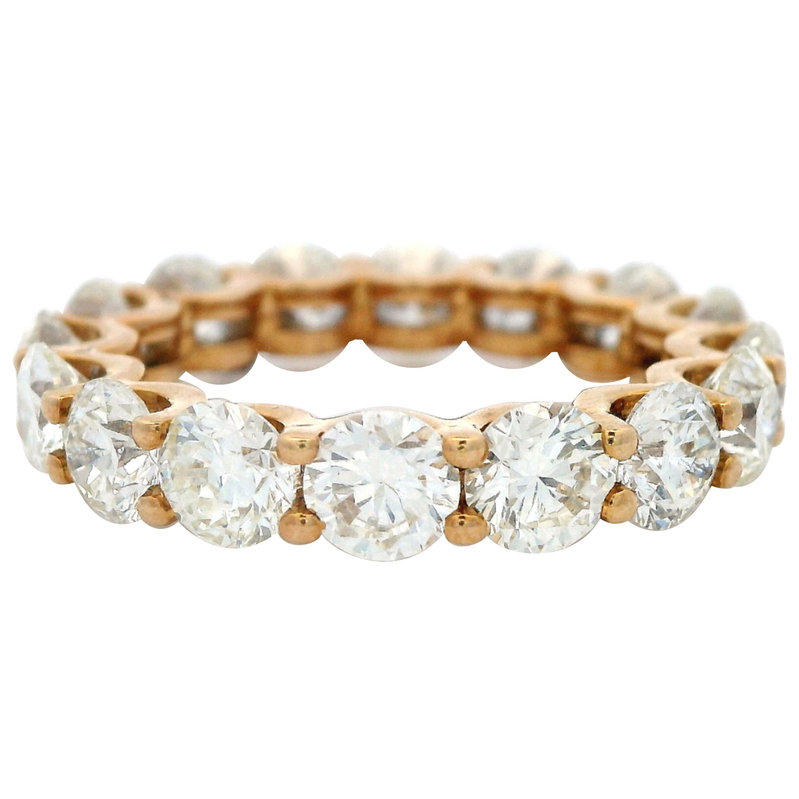 18k Yellow Gold Diamond Eternity Ring 4.93ct Size 5.5: 18k Yellow Gold Diamond Eternity Ring 4.93ct Size 5.5 Contemporary diamond eternity band featuring 16 round brilliant diamonds totaling 4.93 carats, set in 18k yellow gold. Approximately H/I color and