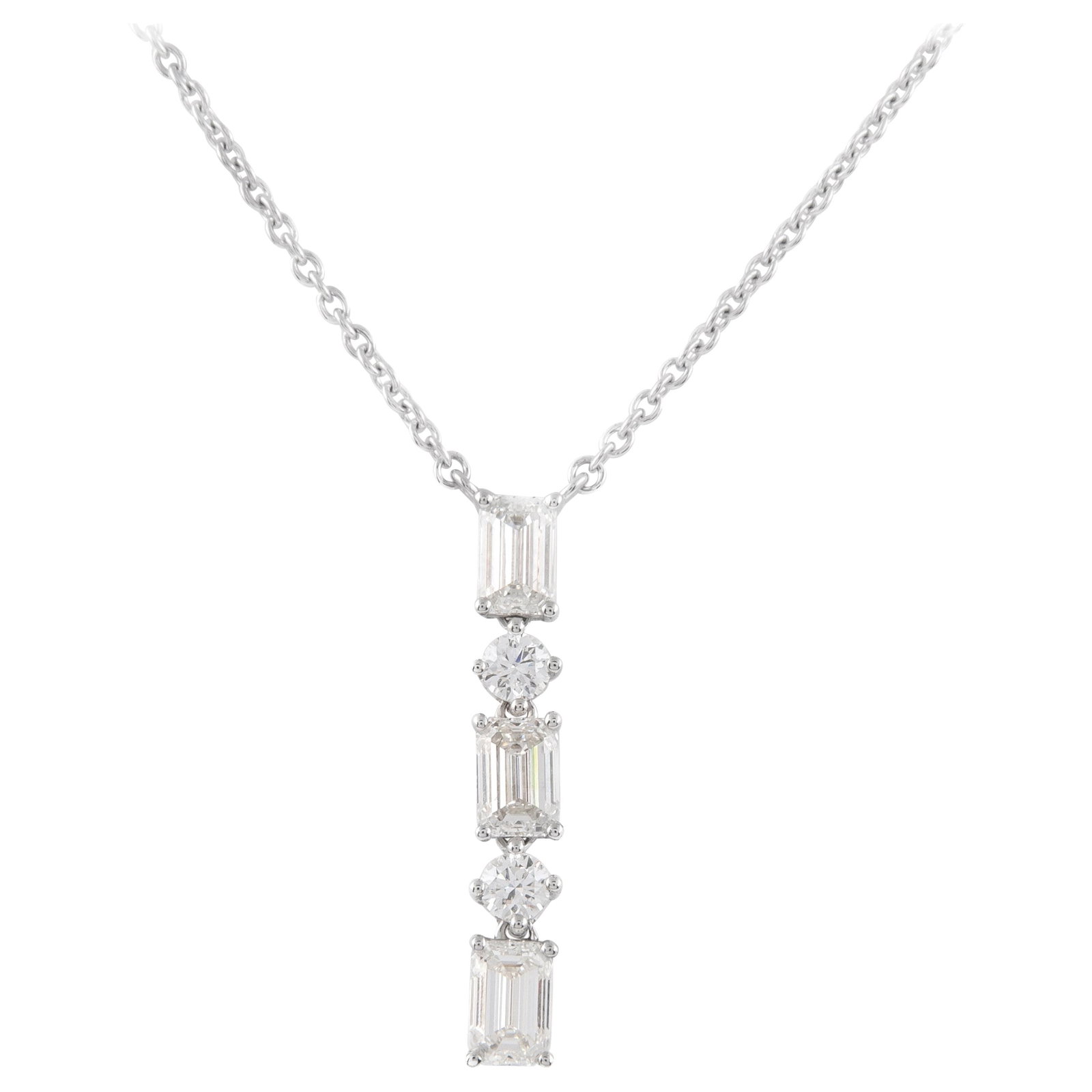 18k White Gold Diamond Pendant Necklace GIA 2.09ct: 18k White Gold Diamond Pendant Necklace GIA 2.09ct GIA certified diamond pendant necklace in 18k white gold, featuring three emerald-cut diamonds and two round brilliant diamonds with a total diamond 