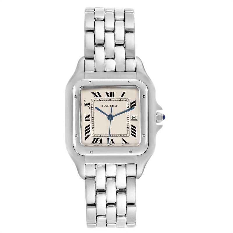 Cartier Panthere Jumbo Ladies Watch Ref 1300 Silver Roman Dial Steel Bracelet: Cartier Panthere Jumbo Ladies Watch Ref 1300 Silver Roman Dial Steel Bracelet Cartier Panthere Jumbo wristwatch featuring a silver Roman dial, fixed bezel, and stainless steel bracelet. This ladies' w