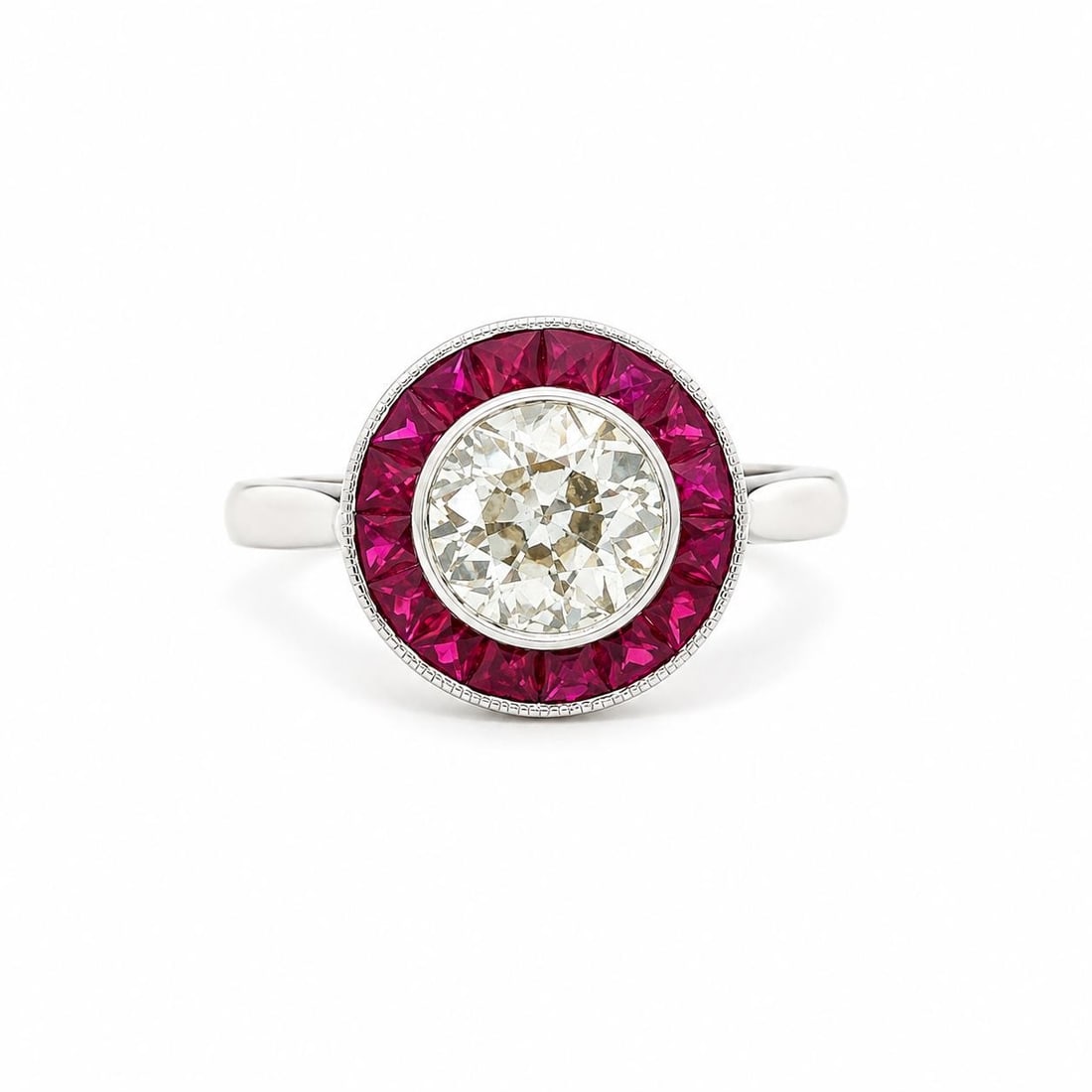 vintage cocktail ring in 18k white gold with GIA diamond and ruby halo: vintage cocktail ring in 18k white gold with GIA diamond and ruby halo Vintage cocktail ring crafted in solid 18k white gold, featuring a natural old European cut diamond framed by numerous natural ca
