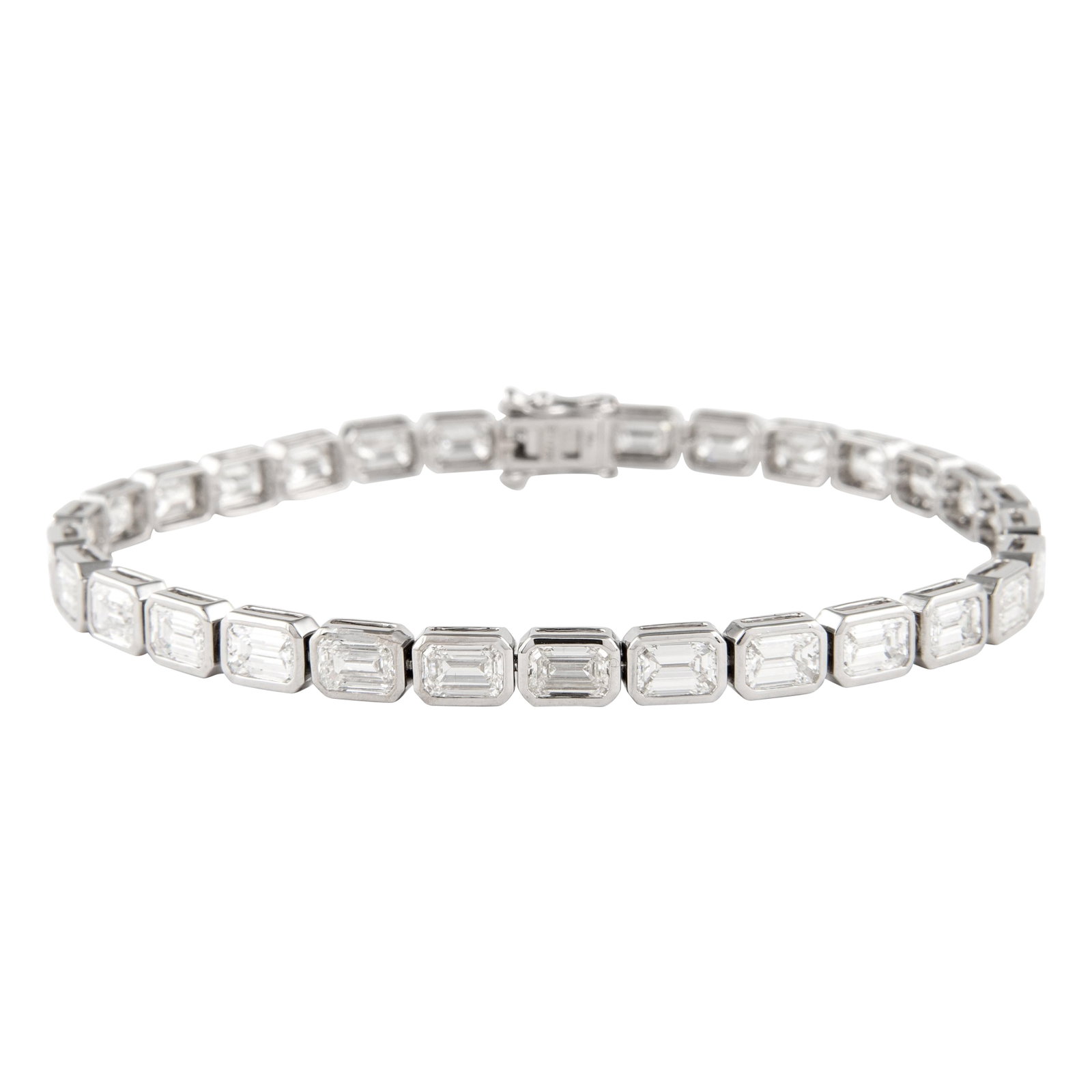 18k White Gold 10.08ct Emerald Cut Diamond Bracelet: 18k White Gold 10.08ct Emerald Cut Diamond Bracelet Contemporary east-west diamond tennis bracelet set with 30 emerald cut white diamonds totaling 10.08 ct. Crafted in 18k white gold, this bracelet wa
