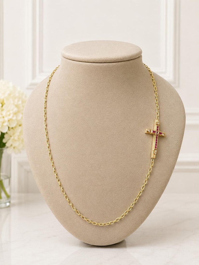 Celtic Cross Pendant Necklace in 13-14k Yellow Gold with 12 Rubies (1 of 9)