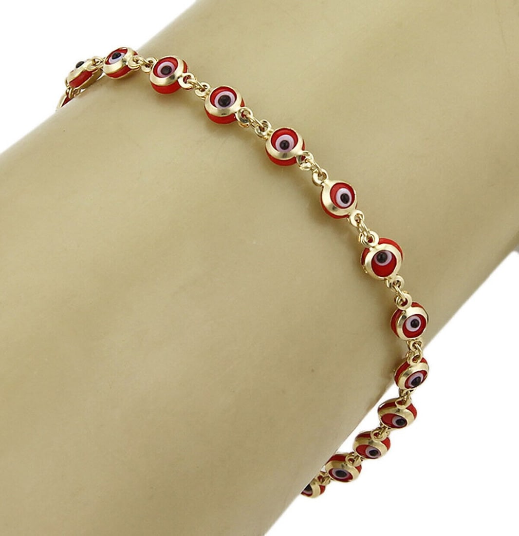 Unbranded 14k Yellow Gold Evil Eye Link Bracelet Red Enamel 7.25": Unbranded 14k Yellow Gold Evil Eye Link Bracelet Red Enamel 7.25" Vintage/estate style bracelet crafted in solid 14k yellow gold with red enamel evil eye beads linked by delicate gold connectors. This
