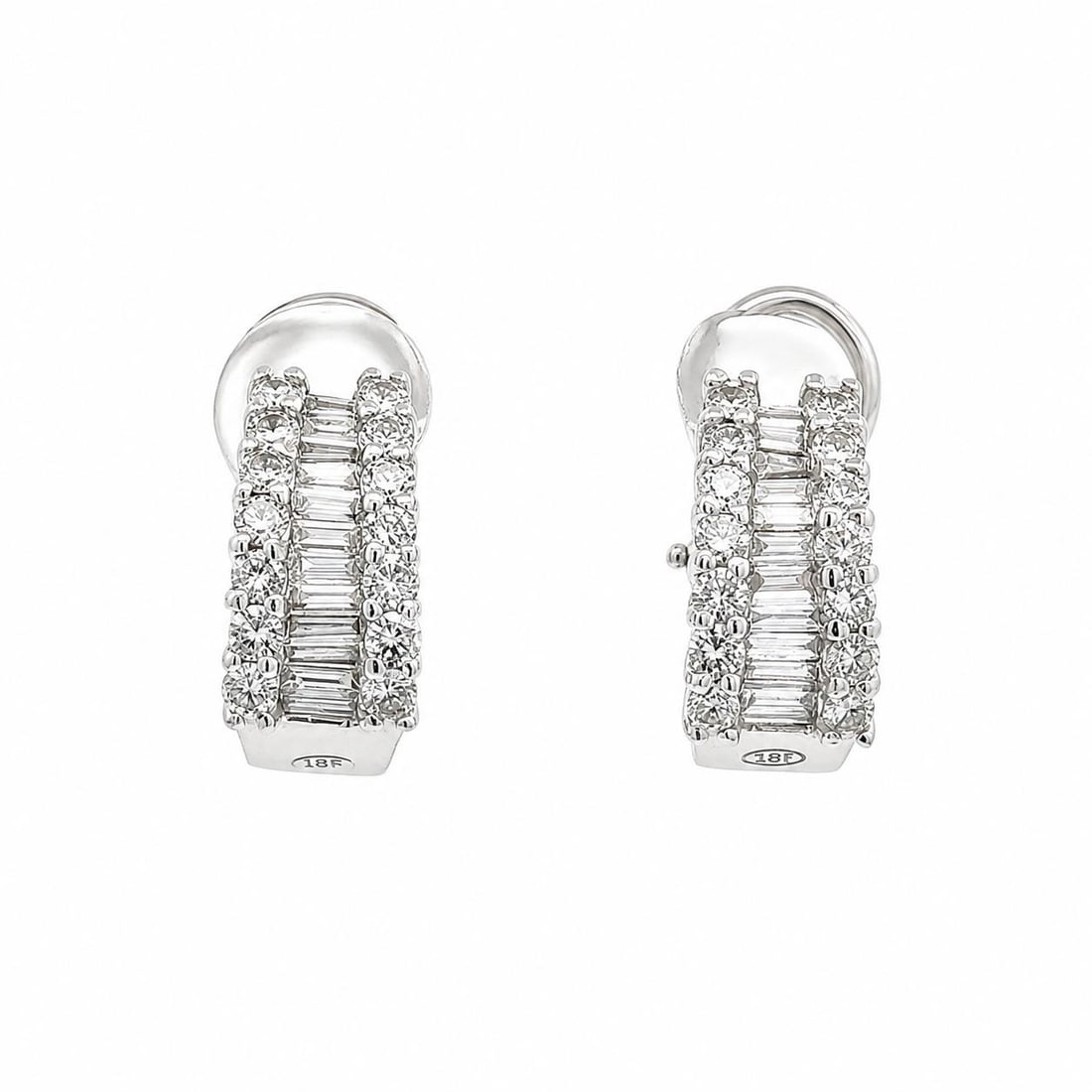 14k White Gold Diamond Huggie Hoop Earrings 1.25ctw Omega Closure: 14k White Gold Diamond Huggie Hoop Earrings 1.25ctw Omega Closure Pre-owned women's huggie cuff hoop earrings crafted in solid 14k white gold and set with natural genuine diamonds in round brilliant a
