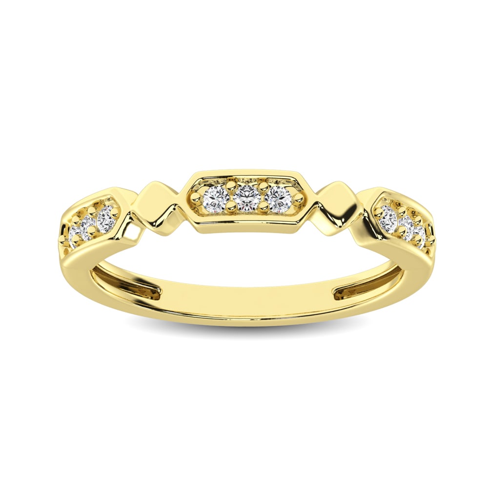 14K Yellow Gold 1/6 Ct.Tw. Diamond Stackable Band: 14K Yellow Gold 1/6 Ct.Tw. Diamond Stackable Band This beautiful ring is available in 14K Yellow Gold. There are 9 round diamonds with a total carat weight of 1/6 Ct.Tw. set in a Shared Prong