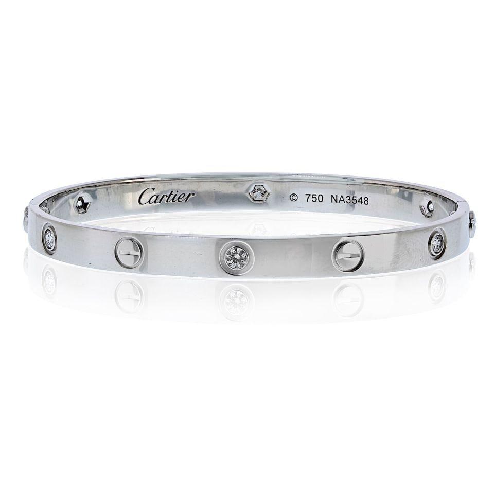 Cartier Love Bracelet 18K White Gold Size 18 with 6 Diamonds: Cartier Love Bracelet 18K White Gold Size 18 with 6 Diamonds Pre-owned Cartier Love bracelet in 18K white gold, featuring six round brilliant-cut diamonds in a rare discontinued version of the iconic 