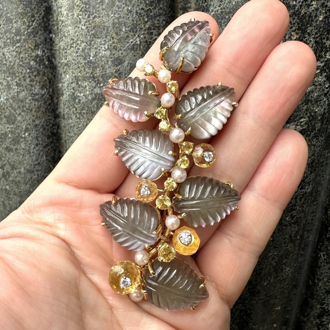 18k Yellow Gold Leaf Brooch Seaman Schepps Quartz Citrine Diamond Sapphire: 18k Yellow Gold Leaf Brooch Seaman Schepps Quartz Citrine Diamond Sapphire Large leaf brooch by Seaman Schepps featuring carved natural quartz with mother-of-pearl backs, accented by cultured pearls, 