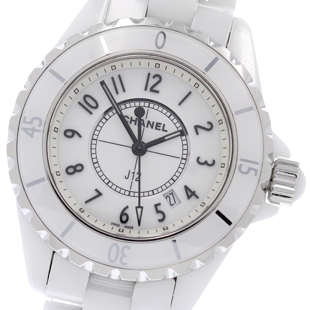 CHANEL J12 H0968 women's 33mm ceramic quartz watch with date: CHANEL J12 H0968 women's 33mm ceramic quartz watch with date CHANEL J12 wristwatch featuring a white dial, quartz movement, and date display. The watch has a ceramic and stainless steel case with a ma
