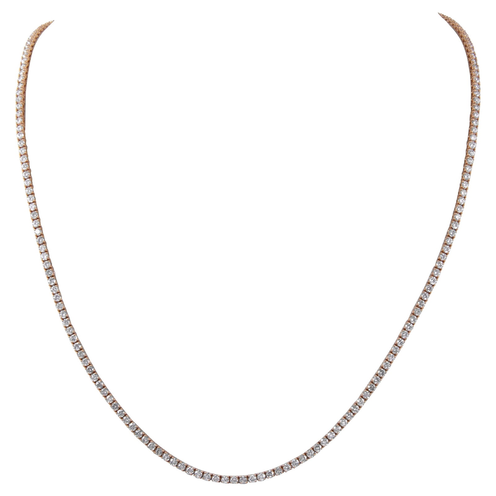 14k Rose Gold Diamond Tennis Necklace 13.95ct 24in: 14k Rose Gold Diamond Tennis Necklace 13.95ct 24in Classic diamond tennis necklace featuring 203 round brilliant diamonds with an approximate total weight of 13.95 ct, set in 14k rose gold. This conte