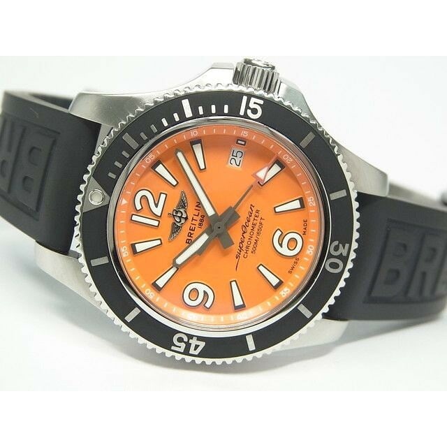Breitling A17366 Superocean Automatic 42 mens orange dial watch: Breitling A17366 Superocean Automatic 42 mens orange dial watch Breitling Superocean Automatic 42 men's wristwatch with a stainless steel case, orange dial, and rubber strap. This automatic diver's wa