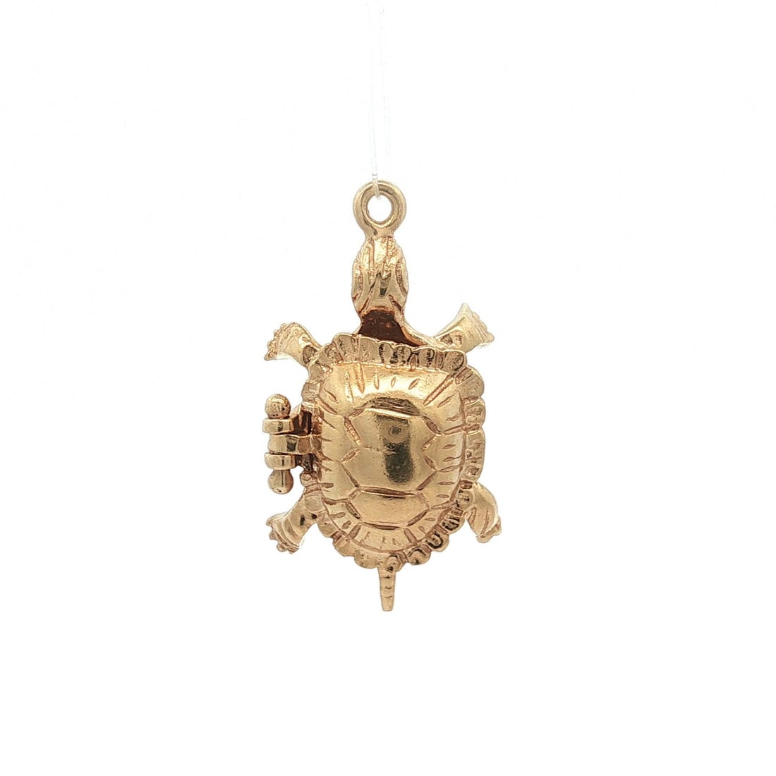 14k Yellow Gold Turtle and Bunny Locket Charm Pendant: 14k Yellow Gold Turtle and Bunny Locket Charm Pendant Vintage open charm pendant crafted in solid 14k yellow gold with a detailed turtle and bunny design. This collectible piece has a locket-style for