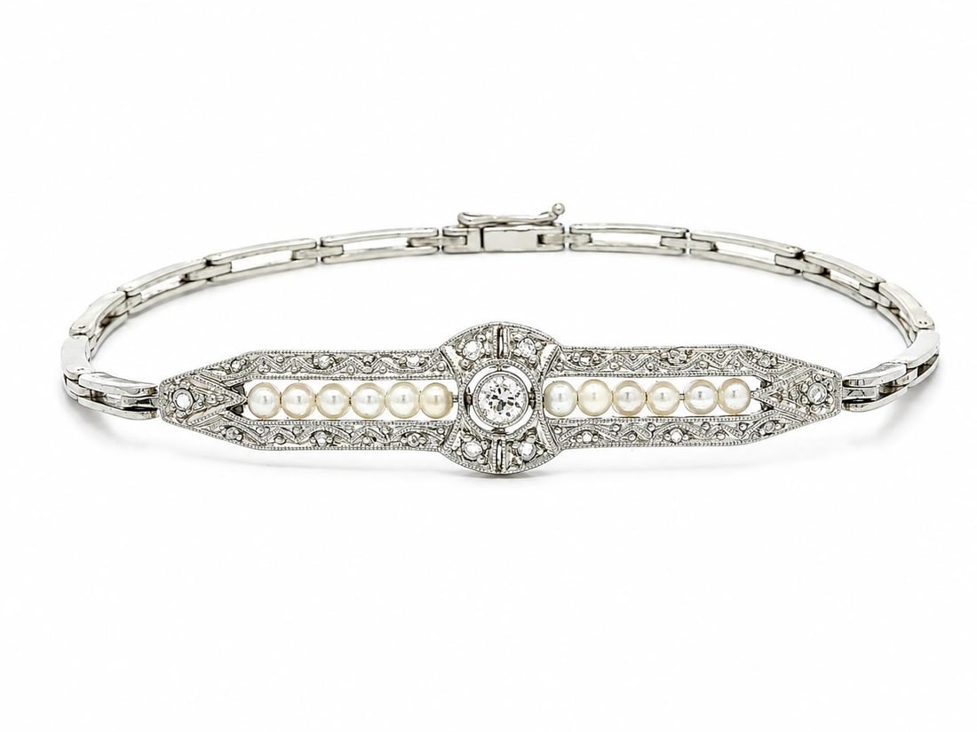 Belle Epoque 18k White Gold Link Bracelet with Diamonds and Seed Pearls: Belle Epoque 18k White Gold Link Bracelet with Diamonds and Seed Pearls Antique Belle Epoque center link bracelet crafted in solid 18k white gold, accented with natural diamonds and cultured seed pear