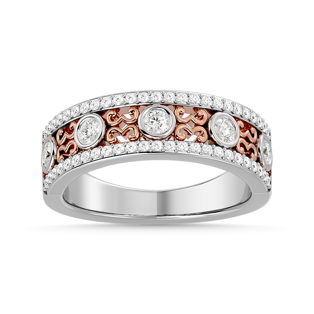Diamond 1/2 Ct.Tw. Fashion Band in 14K Two Tone: Diamond 1/2 Ct.Tw. Fashion Band in 14K Two Tone 14k Two Tone Stone Color: G-h Stone Clarity: I1 Each ring is presented in standard size 6.5. Complimentary resizing is available between sizes 510 (in 1