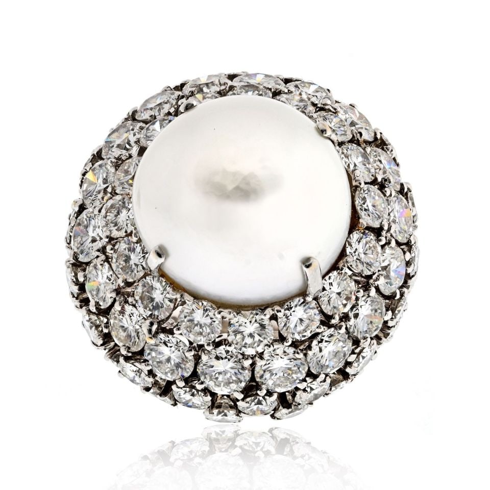 David Webb South Sea Pearl Diamond Bombe Ring in Platinum: David Webb South Sea Pearl Diamond Bombe Ring in Platinum Estate David Webb cocktail ring crafted in platinum and centered with a white South Sea pearl, surrounded by round-cut diamonds in a bombe des