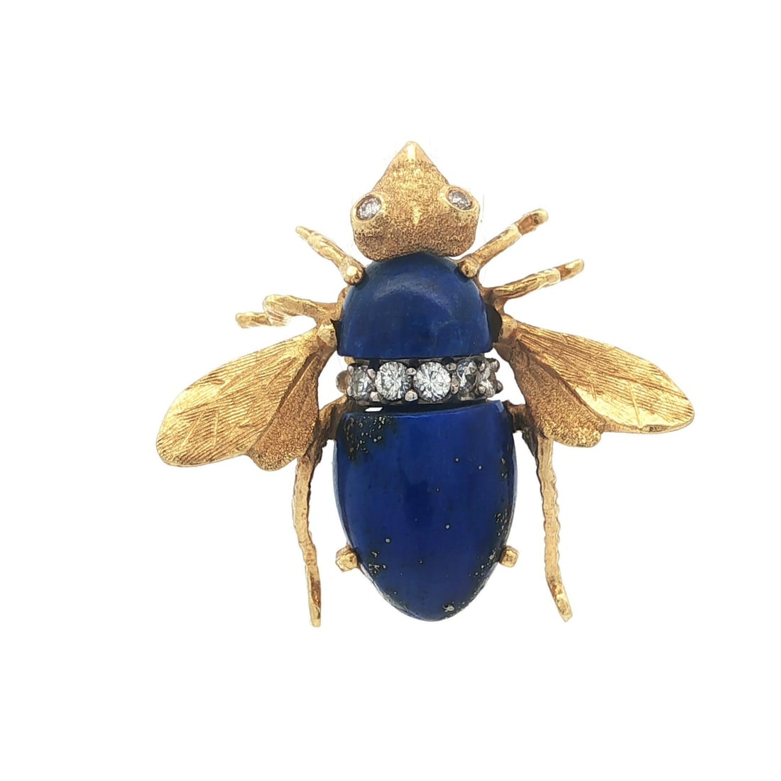 Vintage Bee Fly Brooch in 18k Yellow Gold with Lapis and Diamonds: Vintage Bee Fly Brooch in 18k Yellow Gold with Lapis and Diamonds This exquisite vintage brooch showcases a detailed bee fly design, beautifully crafted from solid 18k yellow gold. The piece features 