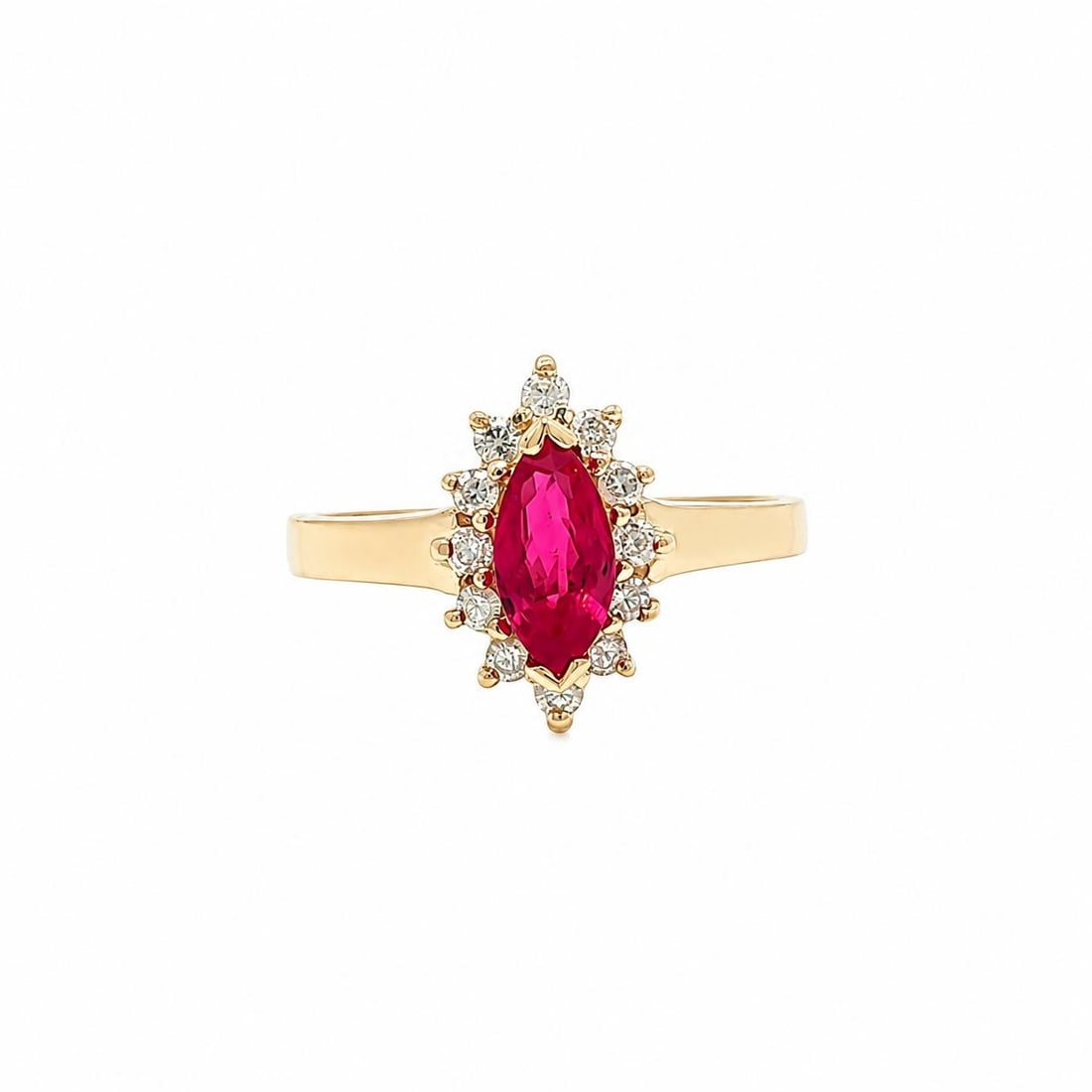 14k Yellow Gold Ruby Diamond Halo Cocktail Ring Size 6.5: 14k Yellow Gold Ruby Diamond Halo Cocktail Ring Size 6.5 Petite cocktail ring crafted in solid 14k yellow gold, featuring a marquise-cut natural ruby surrounded by a halo of round brilliant natural di