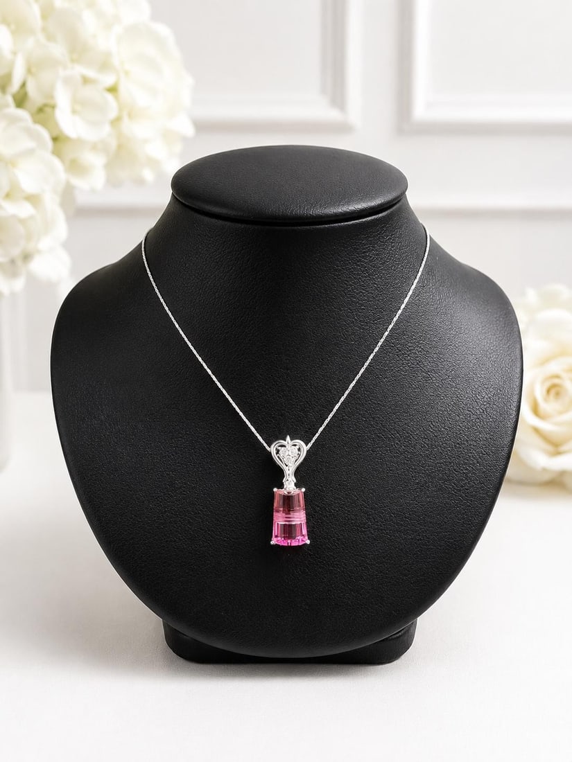 14k White Gold Pink Tourmaline Diamond Pendant Necklace 3.32ctw: 14k White Gold Pink Tourmaline Diamond Pendant Necklace 3.32ctw Pre-owned women's pendant necklace featuring a natural vivid pink tourmaline accented by natural diamonds. The pendant is crafted in sol